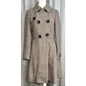 Ben Sherman Coat Womens Small Brown Glen Plaid Pleated Long Peacoat Wool